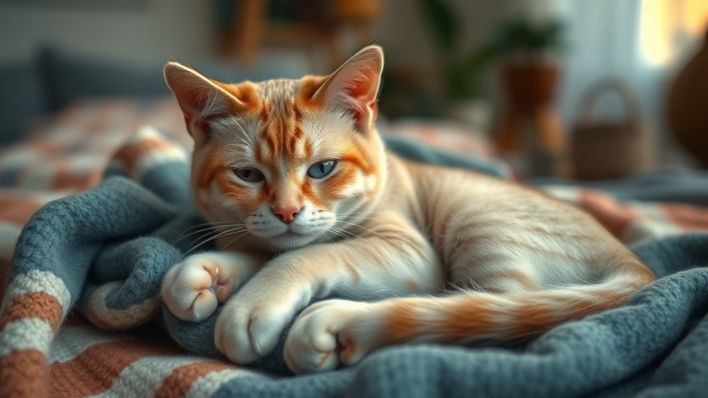 elderly cat with visible weight loss, what are signs of illness in cats, curled on blanket