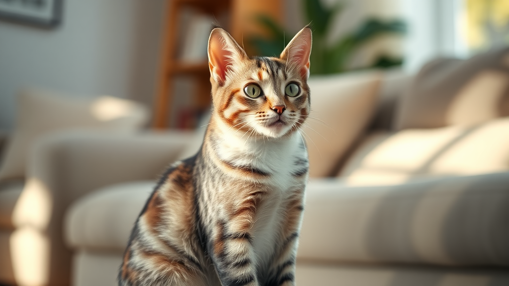 attentive domestic shorthair cat, what are signs of illness in cats, alert, observing surroundings in cozy living room