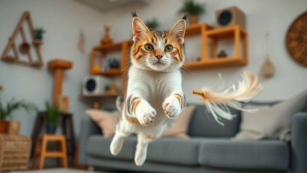 playful domestic cat leaping for wand toy in modern living room with cat trees and shelves