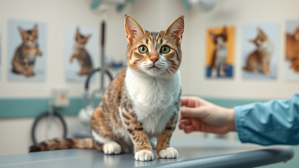 serene domestic shorthair cat vet visit, calm on exam table, healthy life, gentle vet care