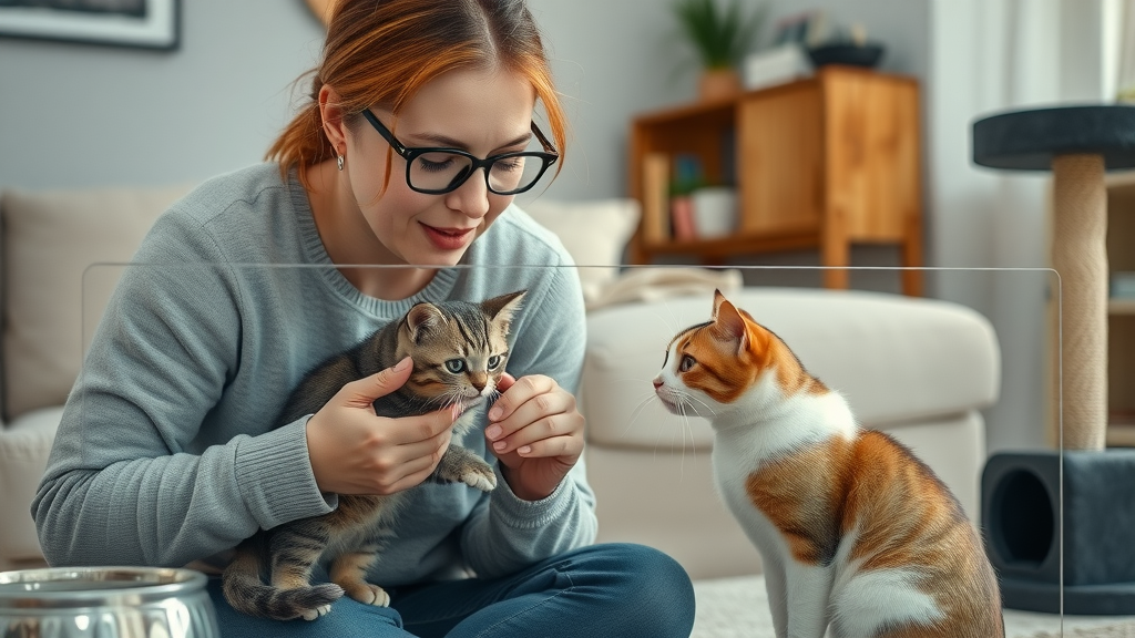 owner performing scent swap between two curious cats separated by a barrier