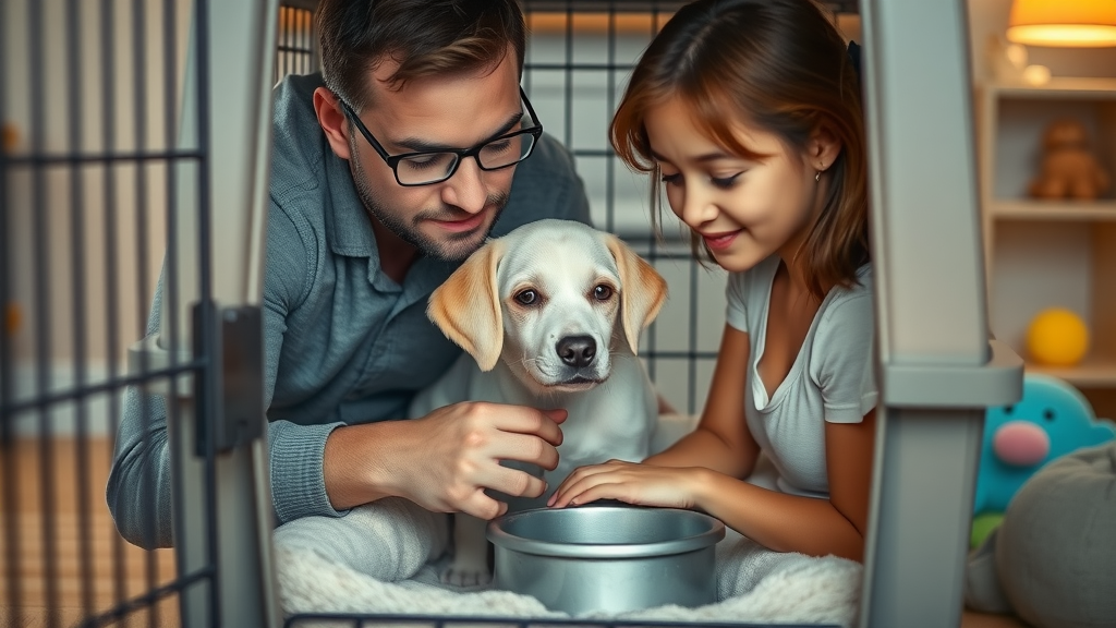 crate training safety, owner inspecting safe bedding, dog water bowl, and chew toys in crate