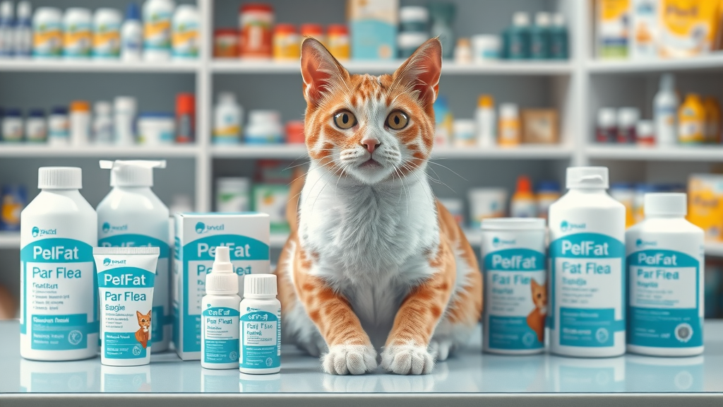 array of cat flea treatment products, flea control, rid of fleas, flea collars, clinical vet office
