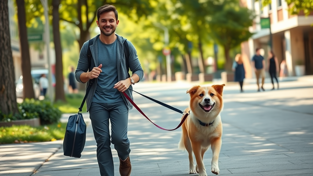 Professional dog walker providing a mid-day dog walk for a happy dog, keeping your dog healthy and entertained during work.
