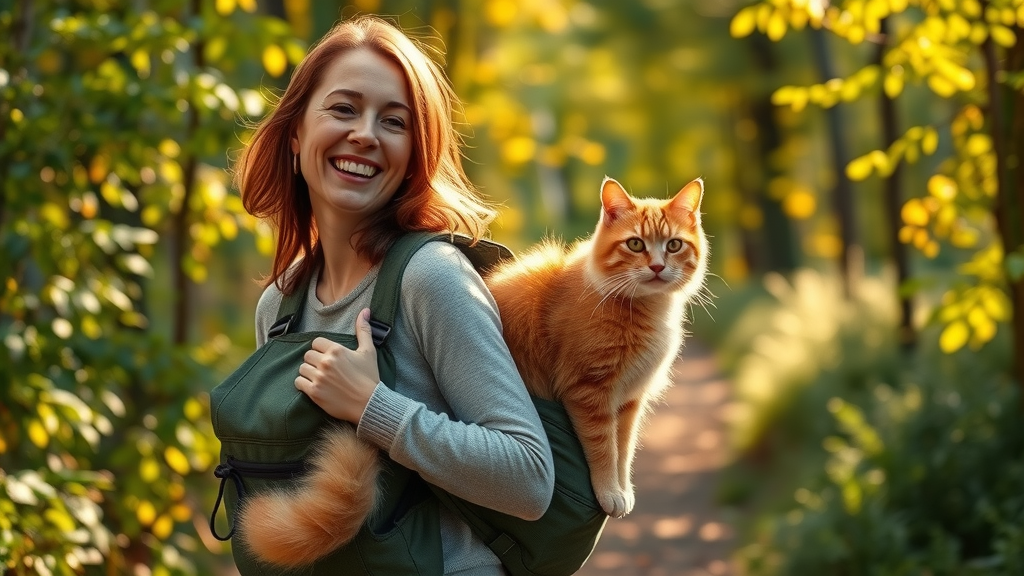 joyful woman walking with large ginger cat in backpack carrier through sun-dappled forest trail. real life cat parent adventure story