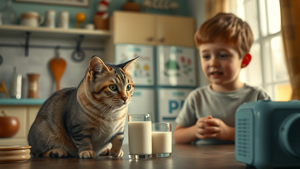 Vintage scene of family cat sipping milk, child watching cartoons, historical roots of the can cats drink milk myth, detailed kitchen