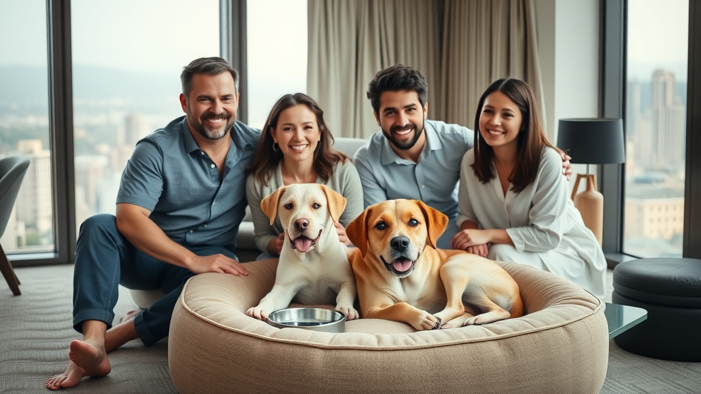 Cheerful family with a dog in a hotel room, dog lying on a plush pet bed with water bowls nearby, pet friendly hotel