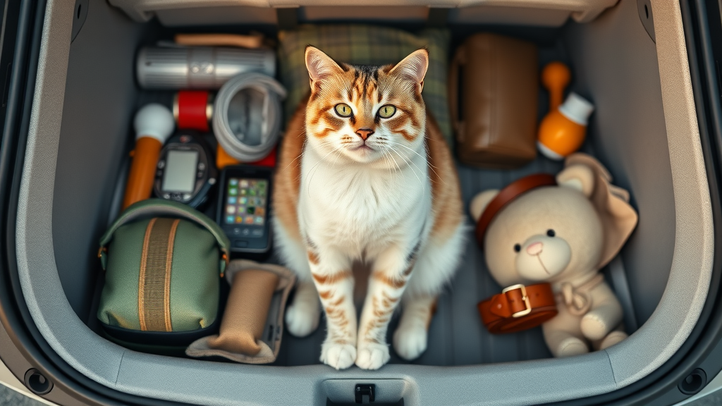 organized cat travel essentials including carrier, travel litter box, calming treats, and water, ready for a long distance road trip with your cat