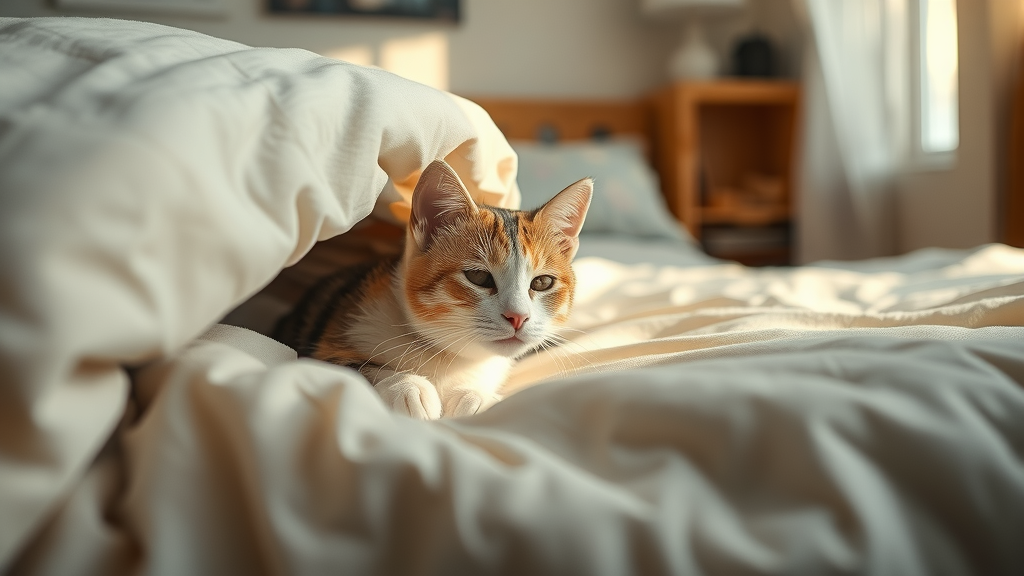 peaceful newly adopted cat peeking out from under a bed in a cozy apartment