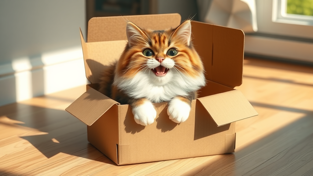 Comical fluffy cat squeezed into tiny cardboard box, cats like sitting on cardboard boxes
