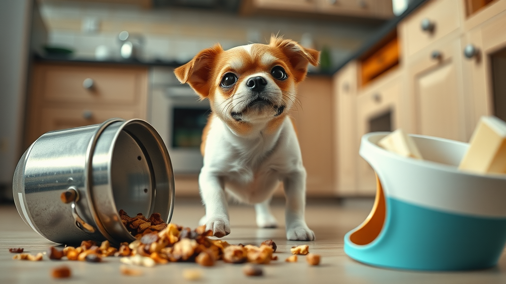 curious small dog near spilled trash with toppled food bowl, acute vomiting triggers, kitchen details, dog vomiting risk