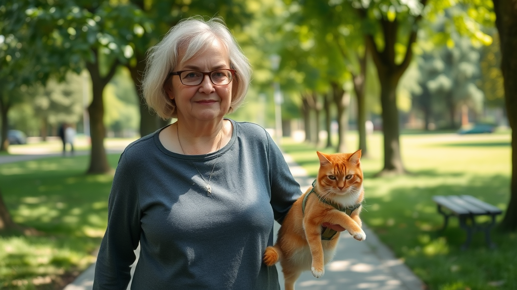 Woman walking ginger cat on harness and leash along green park path, outdoor leash training for cats, dappled sunlight in leafy background