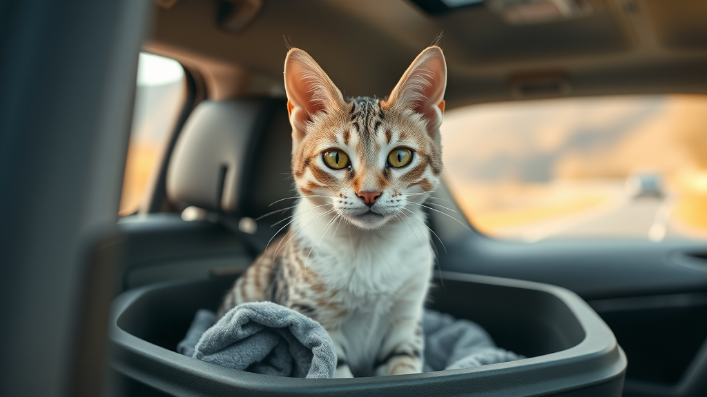 Calm domestic cat in a secured carrier for a road trip with sunlight and scenic background; cat sedative, car ride