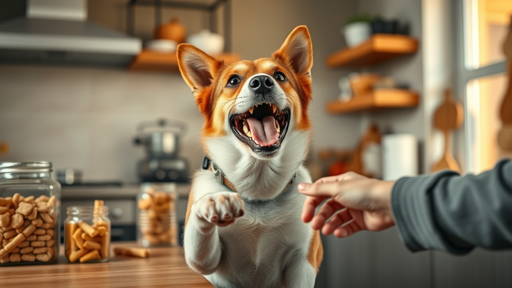 excited mixed-breed dog receiving treats and toys as rewards for recall in modern kitchen