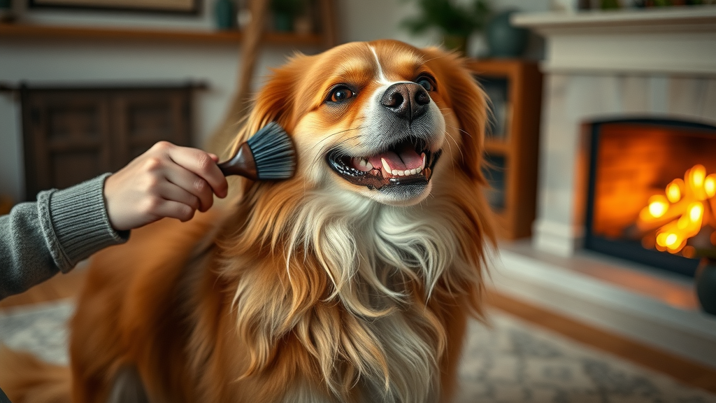 owner brushing dog’s healthy coat near cozy fireplace, best practices after bathing dog with sensitive skin