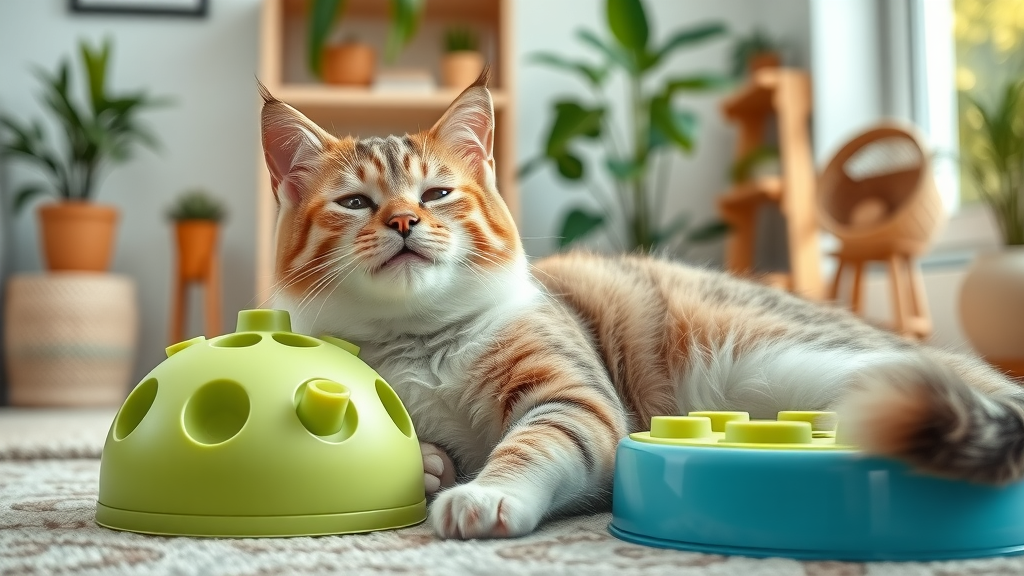 happy relaxed cat using puzzle feeder, environmental enrichment for noisy cat