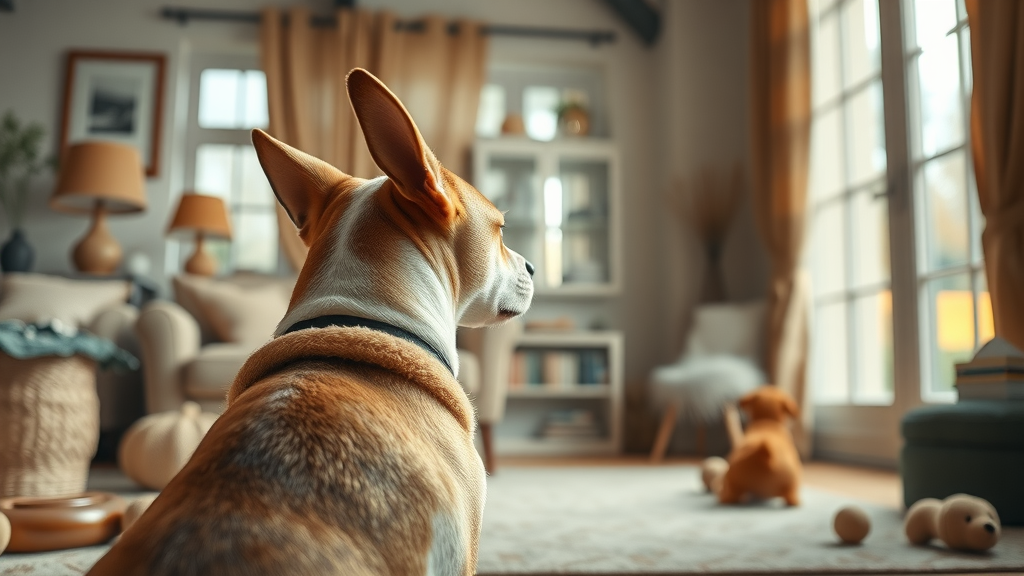 Anxious medium-sized dog left alone in a warmly decorated living room with dog toys, highlighting how important it is to keep your dog busy and entertained while at work.