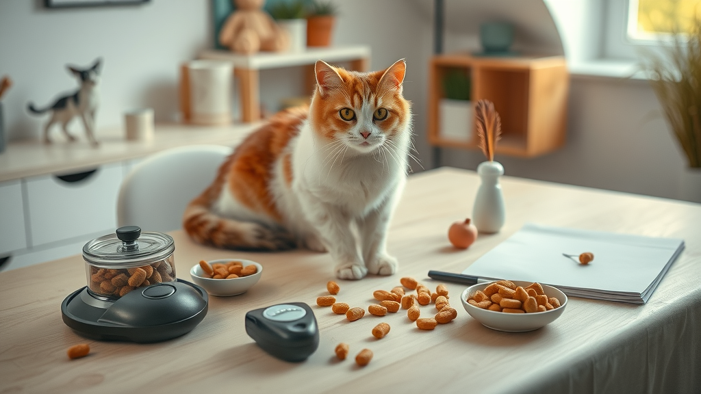organized cat training tools including treats, feather toys, clicker, and catnip for recall training