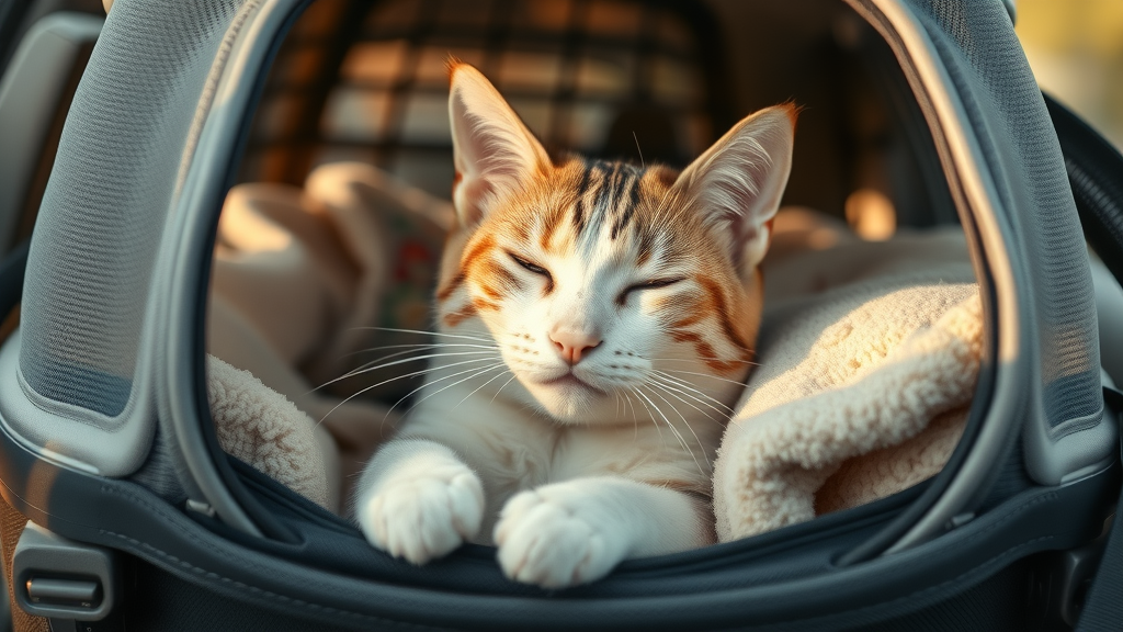 relaxed domestic cat in a comfortable cat carrier, resting inside spacious car carrier with sunrays, cozy blankets, cat car travel