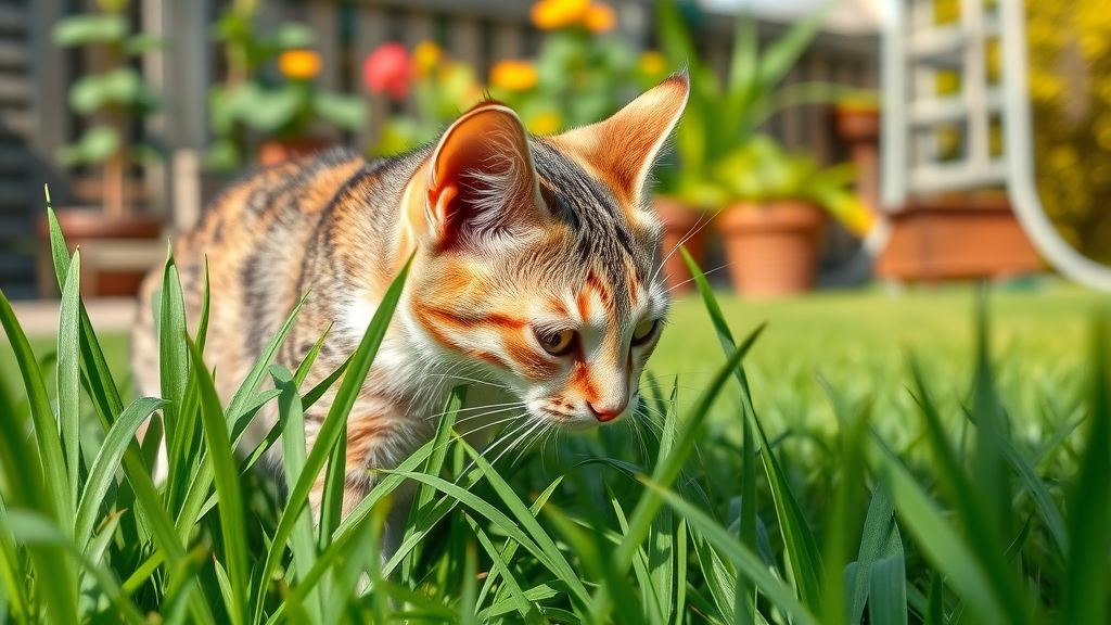 domestic cat eat grass in backyard, natural daylight, cat eating grass behavior