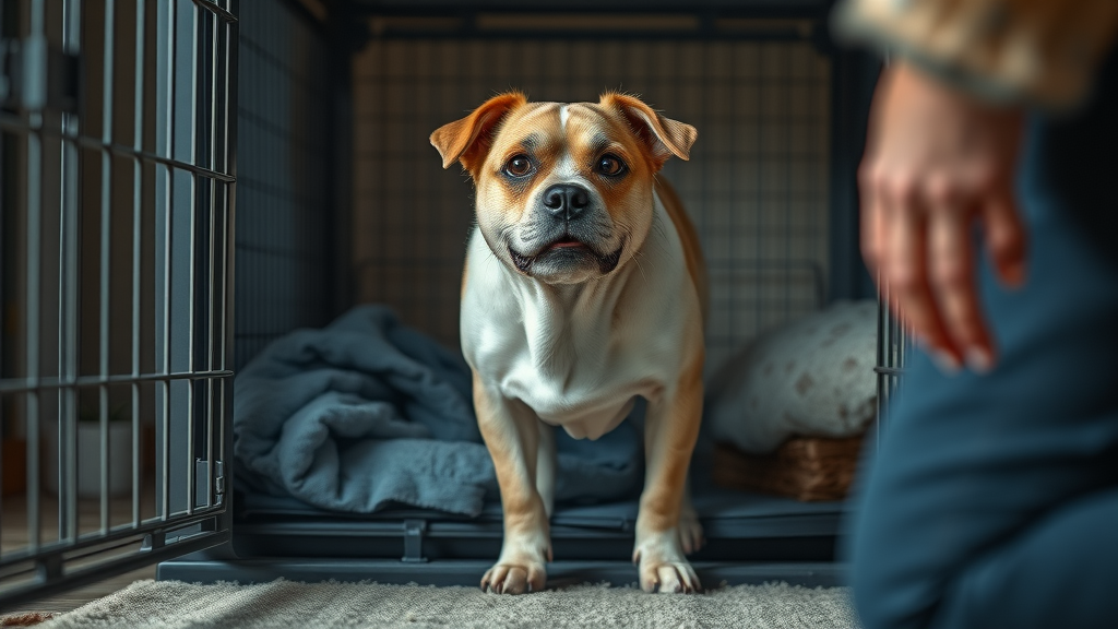 crate training for dogs: older rescue dog hesitantly approaching open crate, owner encouragement, cozy indoor, blue blankets, subtle body language