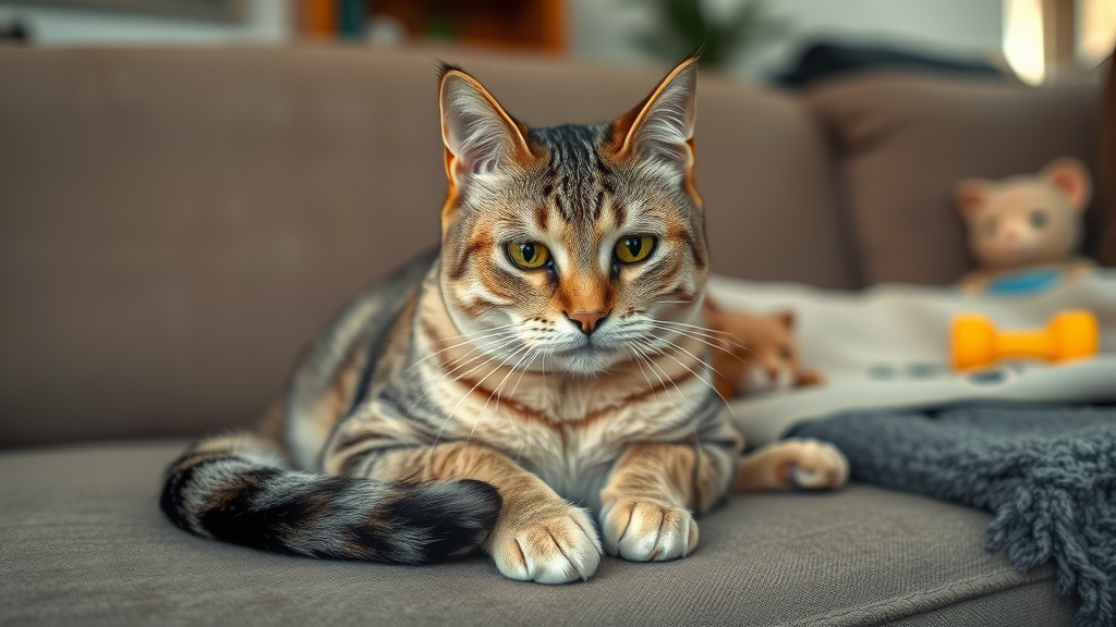 Concerned domestic cat showing signs of digestive discomfort after milk, recognizing lactose intolerance, resting on sofa