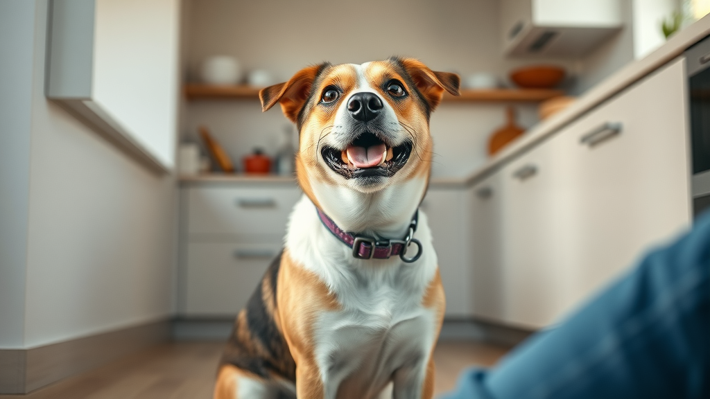 Happy mixed breed dog sitting at owner