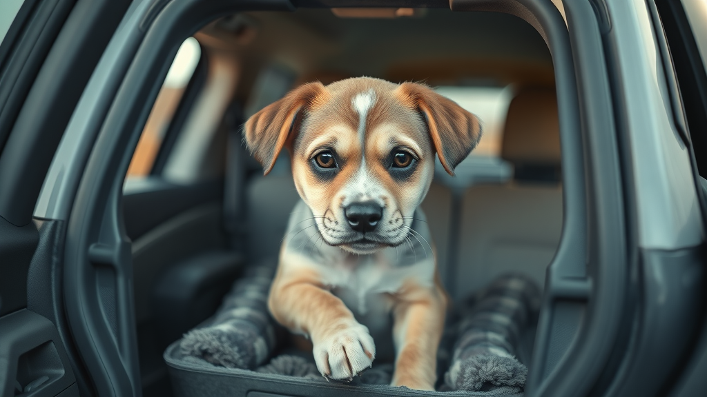 concerned puppy looking slightly unwell in a crate inside a car, gentle worried expression, crate door open, Photorealistic