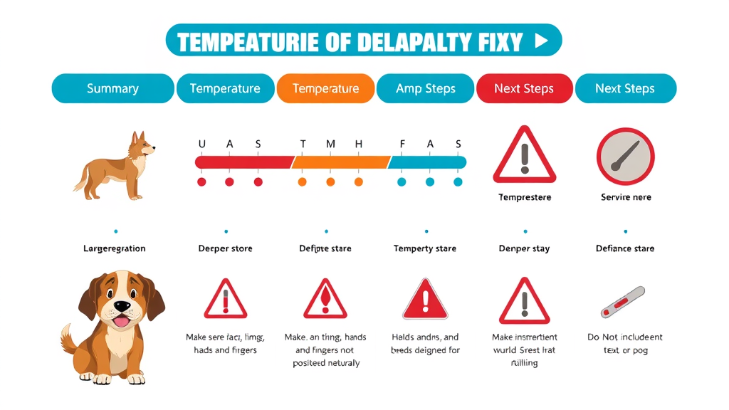 informative summary chart of dog temperature ranges and steps to take, featuring body temperature guidance and emergency signs
