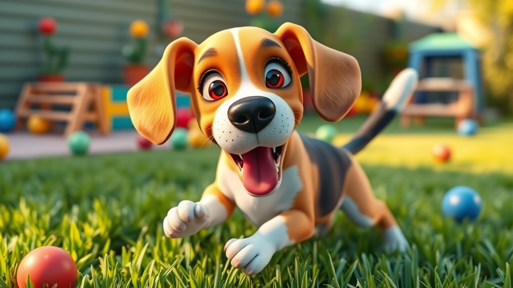 Playful beagle tilting its head in a colorful backyard. visual perception tilt in dogs