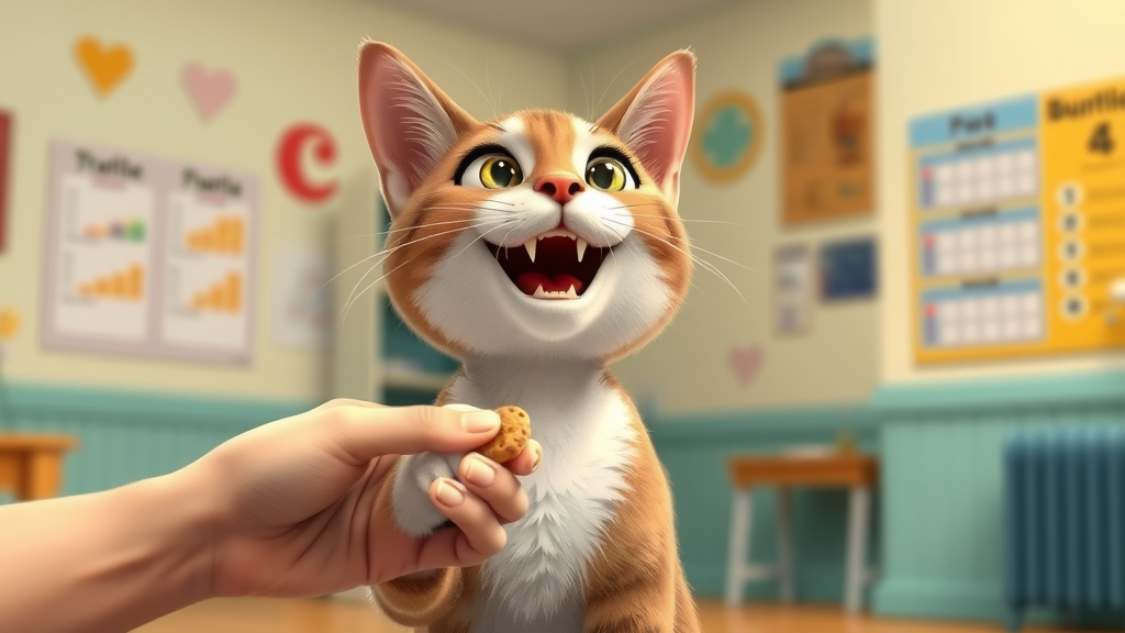 Playful adult cat receiving a treat during training - how to train a cat at any age