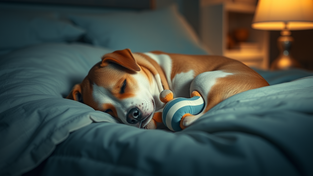 Dog sleeping peacefully in bed after a successful daily routine