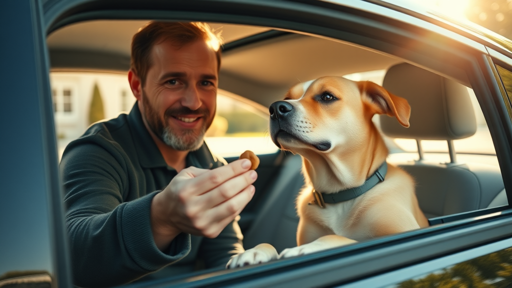 owner rewarding a calm dog with a treat inside the car, proud and encouraging expression, dog sits attentively