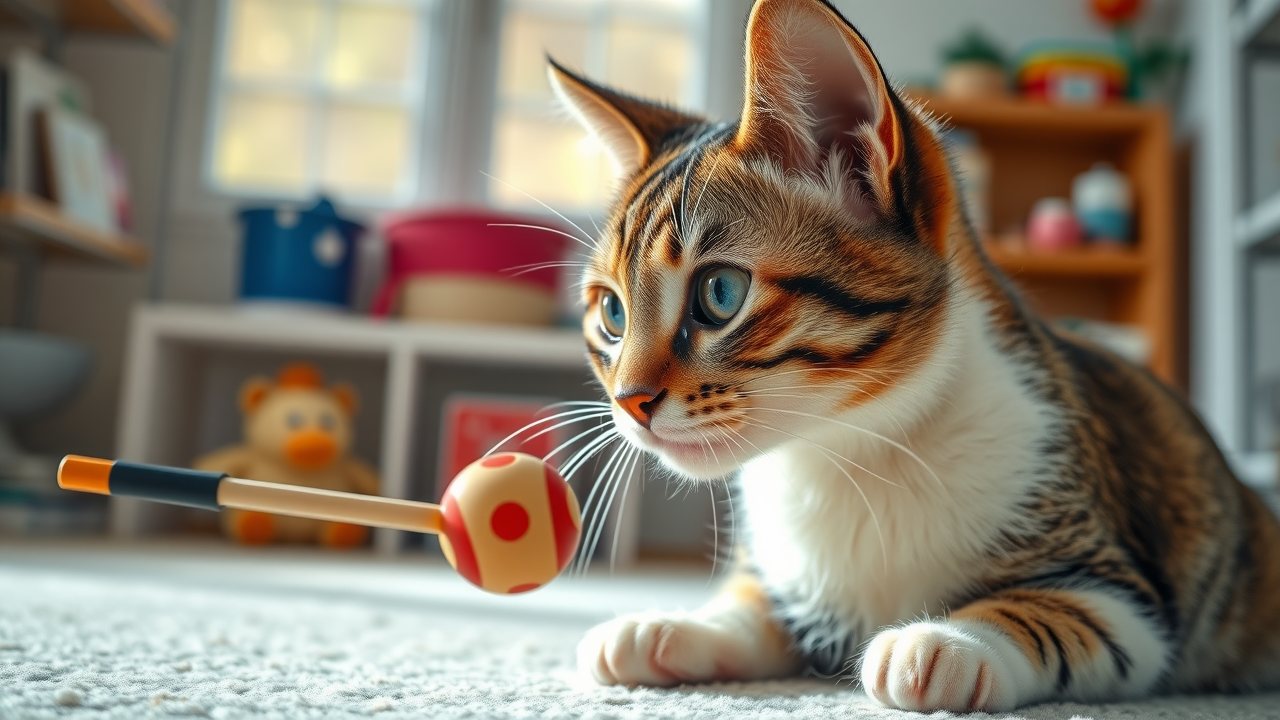 Attentive adult cat learning with a toy during training - cats learn at any age