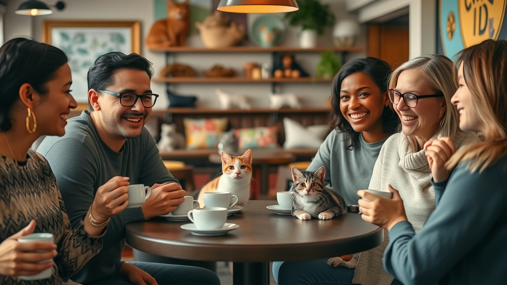 cat lovers at a cozy cat cafe sharing funny cat stories with cats lounging in the background