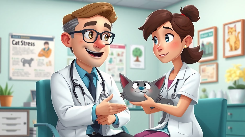 feline behavior expert advising cat parent about stress during long car rides, in a cat-friendly veterinary clinic