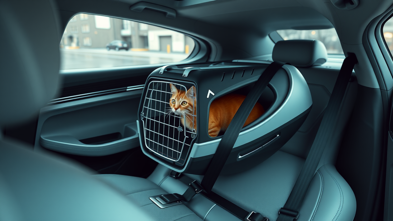 cat carrier strapped securely with seatbelt in the back seat of a car for safe long distance travel