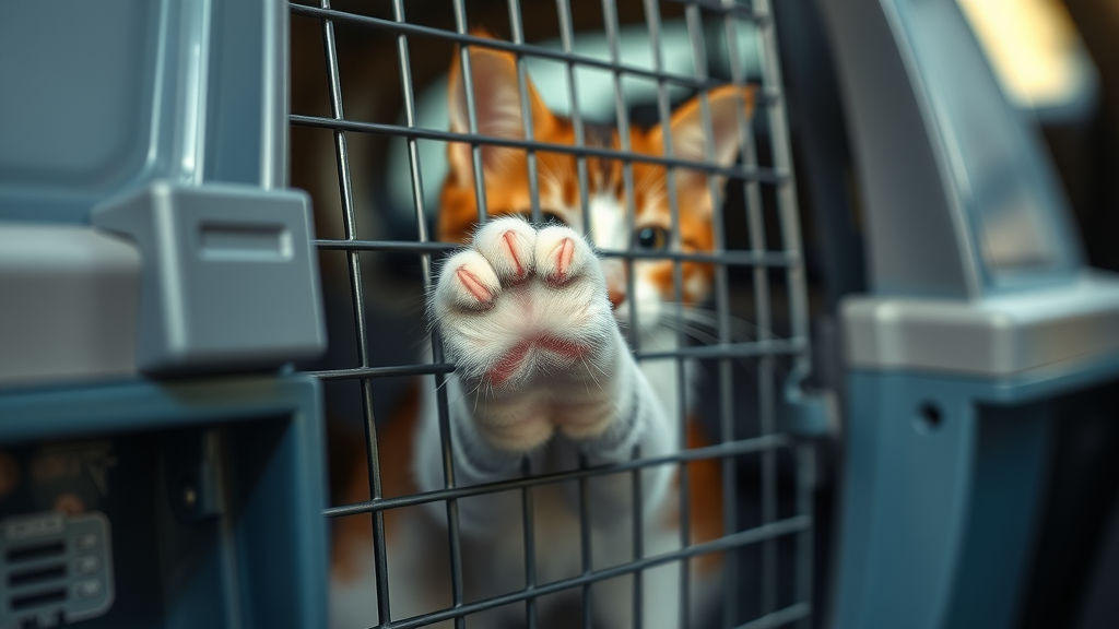 secure cat carrier door with safety latch and anxious cat paw touching mesh, best cat carrier safety features for travel