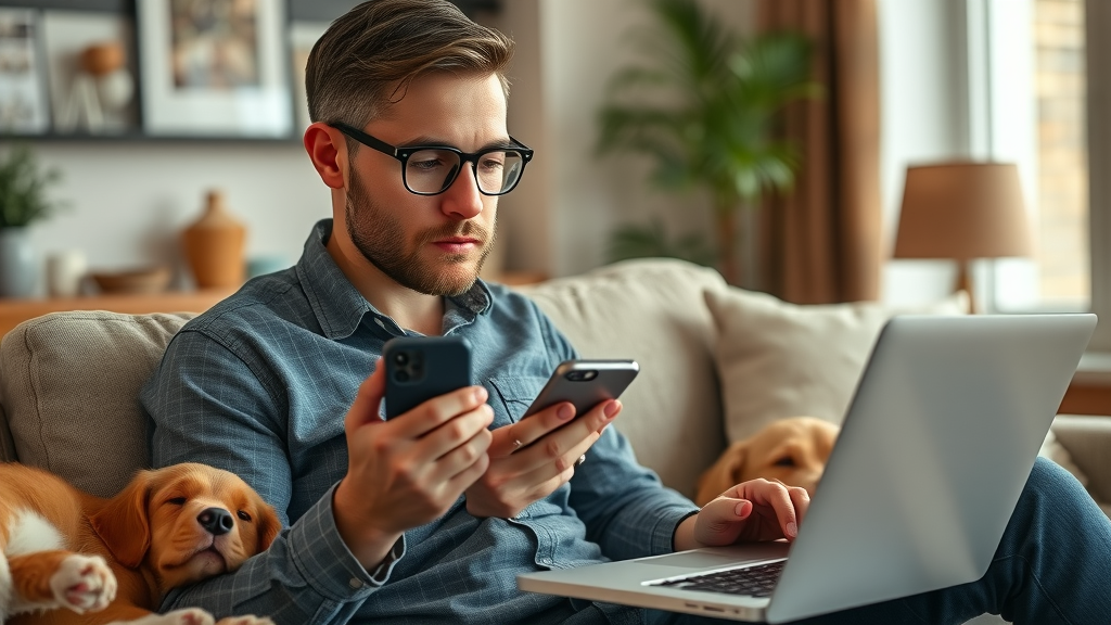 Traveler researching pet friendly hotel policies with dog nearby, laptop and smartphone, cozy atmosphere