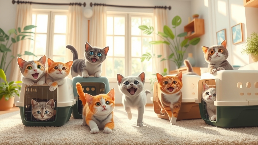 multiple cats exploring various cat carriers, side by side, sunlit living room. Exploring cat carrier uses.