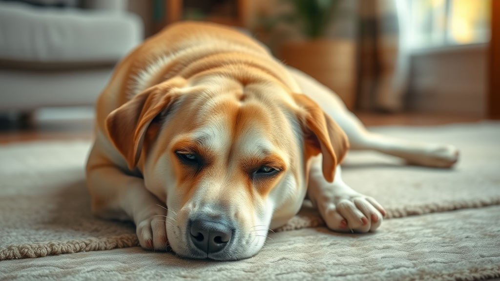 listless dog lying on floor, sad expression, common signs dog is sick