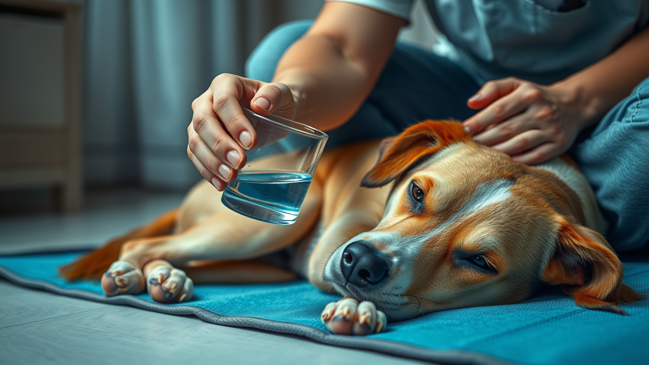 devoted owner caring for a sick dog, demonstrating offering cool water and comfort, good practices for body temperature control at home