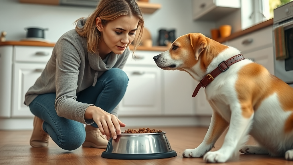 why is my dog not eating - worried dog owner kneeling by food bowl with dog turning away