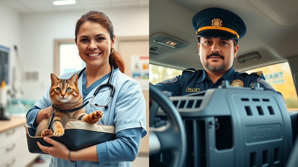 veterinarian with a cat in a soft carrier and police officer securing a hard plastic cat carrier in a vehicle, best safety practices for cat car travel