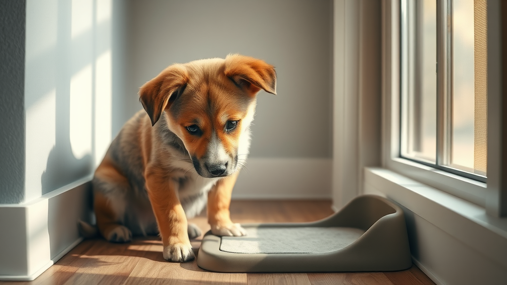 mixed breed puppy sniffing puppy pad for house training in sunny apartment corner