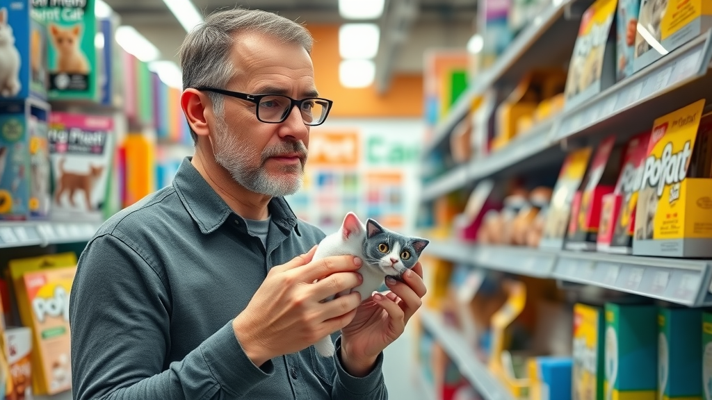 cat owner comparing packaged cat toys in a store for what toys do cats enjoy most