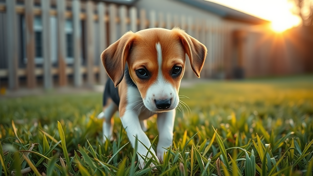 curious beagle sniffing outdoor grass during potty training in morning sunlight