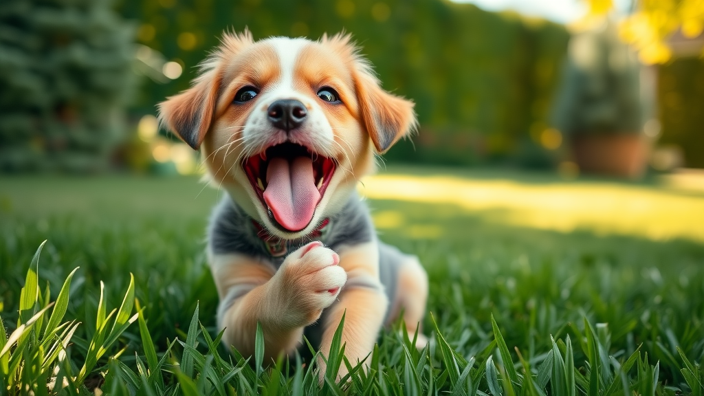 playful puppy licking paw in backyard dog licking behavior
