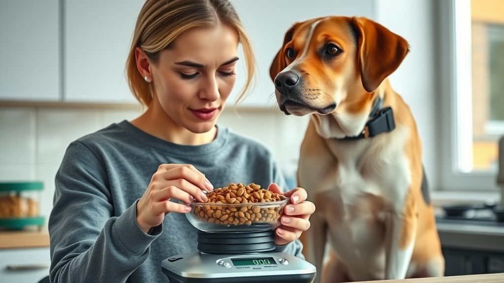 Pet owner weighing dog kibble for healthy portion size in a bright kitchen, feeding guide for how much should I feed my dog daily?