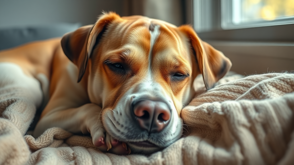 sick-looking dog resting with a warm nose and droopy eyes, showing symptoms of fever in dogs, lying quietly at home
